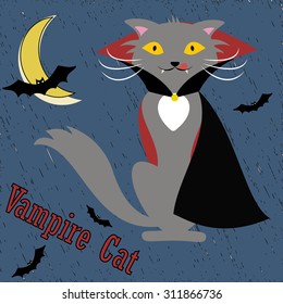 Malicious cat with vampire teeth in cloak on night sky background with moon and flying bats. Vector image.