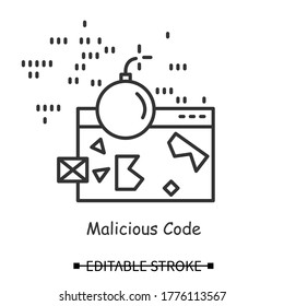 Malicious Code Icon. Web Page And Bomb Linear Pictogram. Concept Of Website Code Exploit, Safe Internet Browsing And Web Site Code Injection Hacker Attack. Editable Stroke Vector Illustration