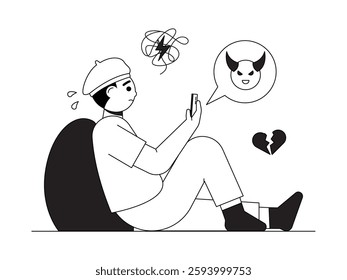 Malicious comments via social media can harm a person's mental health, black and white semi outline style, vector illustration.