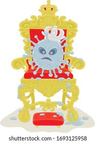 Malicious and contagious virus with a king crown on a throne of a sovereign ruler, vector cartoon illustration on a white background