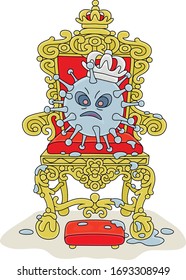 Malicious and contagious virus with a king crown on a throne of a sovereign ruler, vector cartoon illustration on a white background