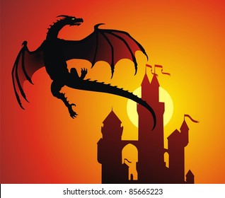 The malicious dragon flies to the lock on a sunset