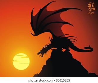 The malicious dragon sits on a rock having spread wings