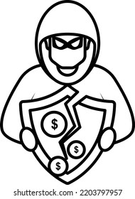 Malicious Hacker Concept, breaking security shield vector line icon design, cyber-terrorism symbol, Cyberpunk Sign, security breakers stock illustration