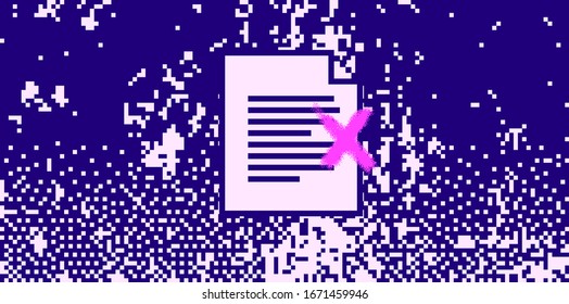 Malicious infected file icon on glitched and pixelated background. Concept illustration for computer viruses in retro 8-bit style.