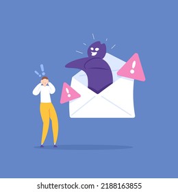 Malicious Message Alerts, Scam Or Phishing Emails, Suspicious Mail. A Male User Is Startled By A Virus Or Monster Appearing From Inside The Envelope. Open Mail. Illustration Concept Design