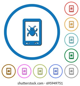 Malicious mobile software flat color vector icons with shadows in round outlines on white background