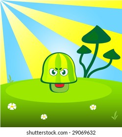 Malicious mushroom on happiness vector background.