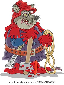 Malicious and pitiless fat rat executioner with an ax and a rope preparing for penalty, vector cartoon illustration isolated on a white background