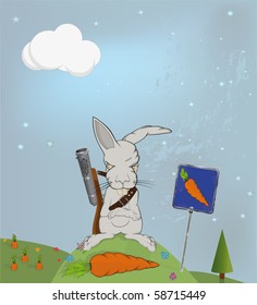 Malicious rabbit protecting a field with carrots