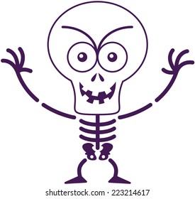 Malicious skeleton with big head, bulging eyes and missing teeth while frowning, staring at you, smiling and raising its arms in a very mischievous mood