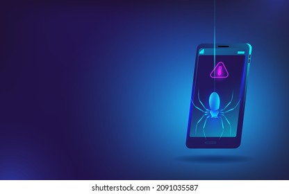 Un virus malicioso de la araña está intentando entrar en un teléfono móvil. El concepto de una ilustración vectorial sobre el tema de los virus de los teléfonos móviles y los ataques de hackers. Plantilla de banner horizontal.