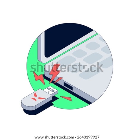 Malicious USB flash card device infects laptop with hidden malware. Unauthorized flash drive triggers cybersecurity threat. Dangerous hardware attack compromises system 