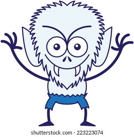 Malicious werewolf with big head, bulging eyes, blue pants, blue fur and sharp fangs while frowning, staring at you, smiling and raising its arms in a very intimidating mood