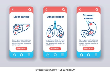 Malignant neoplasm, metastases on mobile app onboarding screens. Line icons, liver, lungs, stomach cancer. Banners for website and mobile kit development. UI/UX/GUI template.