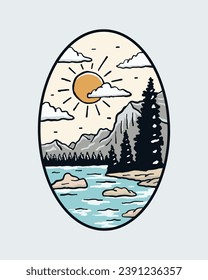 Maligne lake Canadian Rockies vintage vector illustration for badge, sticker, t shirt design and outdoor design
