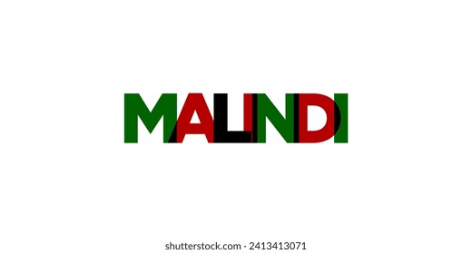 Malindi im Kenia Emblem für Druck und Web. Das Design zeichnet sich durch geometrischen Stil, Vektorgrafik mit gewagter Typografie in moderner Schrift aus. Grafische Slogan-Schrift einzeln auf weißem Hintergrund.