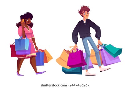 Mall buyer character with paper shopping bags. Cartoon vector illustration set of people with supermarket packages. Confused man with lots of packs and woman holding pouch and talking mobile phone