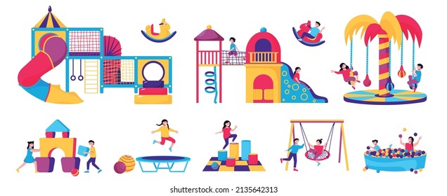 Pequeños niños sala de juegos conjunto de piscina con bolas plásticas trampolín carruseles oscilación elementos aislados ilustración vectorial