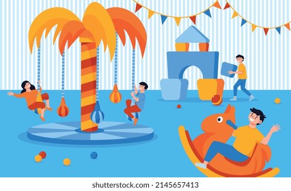 Mall children playroom composition with indoor view of kids zone with carousels swings and cubes castle vector illustration