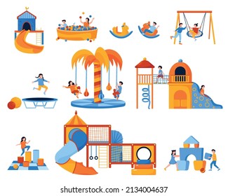 Mall children playroom elements flat set with kids having fun on playground equipment isolated vector illustration