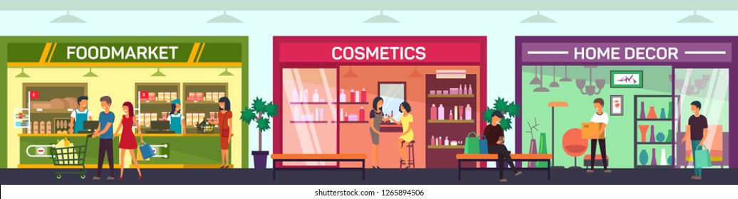 Mall with cosmetics shop, food market, decor store