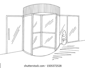 Mall enter revolving doors building exterior graphic black white sketch illustration vector