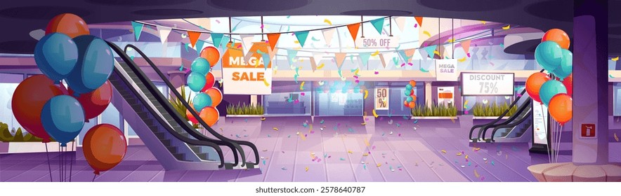 Mall entrance hall decorated for mega sale or anniversary event - festive interior with colorful balloons, triangle flags, falling confetti and discount banners. Shopping center celebration on holiday