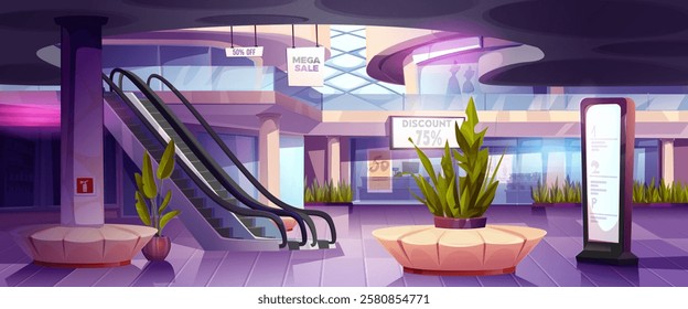 Mall entrance hall with modern escalator, decorative plants and discount banners. Shopping center interior with promotional displays, digital information stand, retail stores, glass walls and railings