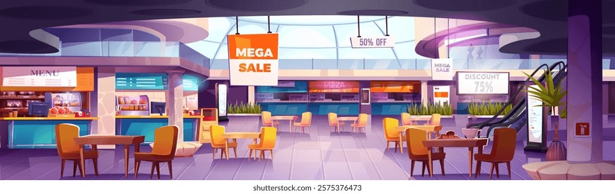 Mall food court with restaurant counters, dining area and promotional banners. Shopping center cafeteria with pizza stall, menu displays, chairs and tables, decorative plants and escalator in hall.