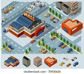 Mall and Grocery center. Set of very detailed isometric vector