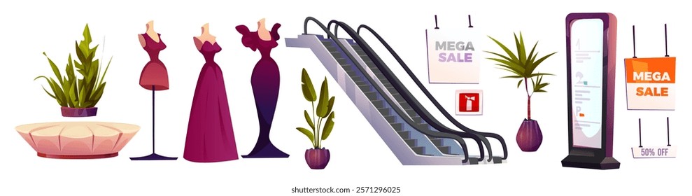 Mall hall elements set - escalator, promotional banners, mannequins with dresses, potted plants in decorative planters and digital information display. Shopping center interior design objects.