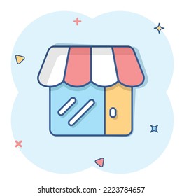 Mall icon in comic style. Store cartoon vector illustration on white isolated background. Shop splash effect business concept.