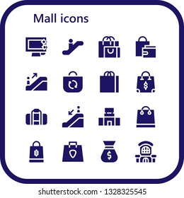 mall icon set. 16 filled mall icons.  Simple modern icons about  - Display, Escalator, Shopping bag, Bag, Escalator down, Mall