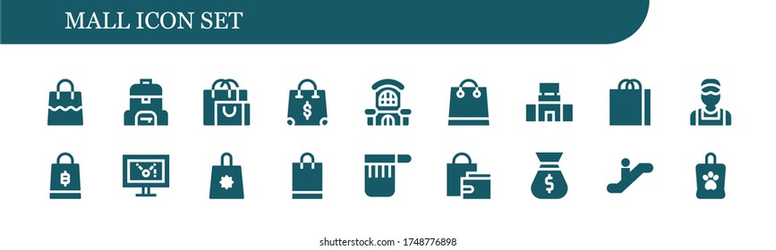 conjunto de iconos de mall. 18 íconos de centro comercial rellenos.  Iconos modernos sencillos como: Bolsa, bolsa de compras, centro comercial, empleado, pantalla, escalador