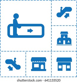 Mall icon. set of 6 mall filled icons such as escalator, escalator up, escalator down, building