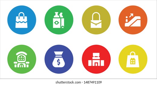 mall icon set. 8 filled mall icons.  Collection Of - Bag, Mall, Shopping bag, Escalator
