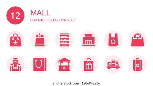 mall icon set. Collection of 12 filled mall icons included Bag, Paper bag, Shelves, Mall, Clerk, Shopping bag, Shelf