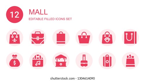 mall icon set. Collection of 12 filled mall icons included Bag, Shopping bag, Mall, Paper bag