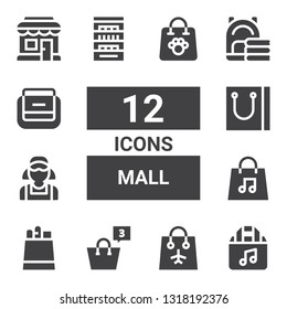 mall icon set. Collection of 12 filled mall icons included Shopping bag, Bag, Paper bag, Clerk, Shelves, Shopping store