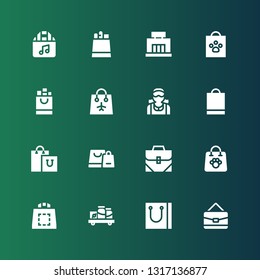mall icon set. Collection of 16 filled mall icons included Bag, Shopping bag, Shelf, Clerk, Mall, Paper bag