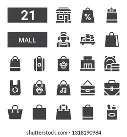mall icon set. Collection of 21 filled mall icons included Shopping bag, Bag, Mall, Shelf, Clerk, Paper bag, Shopping store
