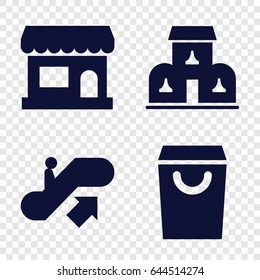 Mall icons set. set of 4 mall filled icons such as escalator up, building, store