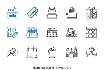 mall icons set. Collection of mall with bag, pierrade, paper bag, shopping bag, shelf, stores, supermarket gift, supermarket. Editable and scalable mall icons.