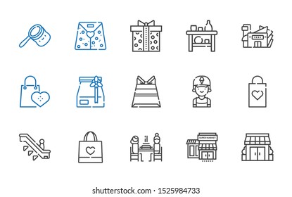 mall icons set. Collection of mall with stores, supermarkets, pierrade, shopping bag, escalator, clerk, paper bag, shelf, supermarket gift, bag. Editable and scalable mall icons.