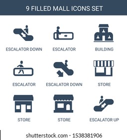 mall icons. Trendy 9 mall icons. Contain icons such as escalator down, escalator, building, store, escalator up. mall icon for web and mobile.