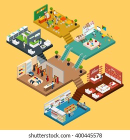 Mall Isometric icon set with conceptual 3d map of multistory shopping center with different floors and areas vector illustration