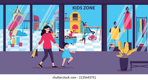 Mall with kids zone flat background with happy mother and her small child after shopping and playing vector illustration