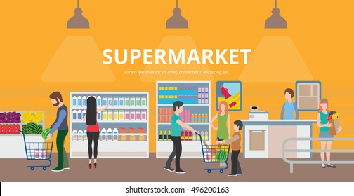 ?ustomer in mall. People in supermarket. Family shopping, market shop interior, flat vector illustration