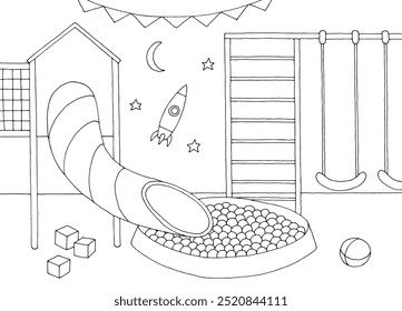 Mall playground interior graphic black white sketch illustration vector